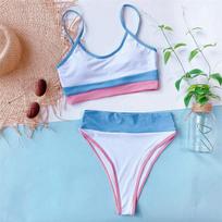 Sujungtas moteriškas maudymosi kostiumėlis aukštu juosmeniu, bikinis, moteriški maudymosi drabužiai, dviejų dalių bikini rinkinys, aukštu juosmeniu, maudymosi kostiumėlis S balta