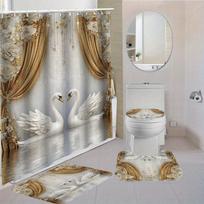 Tume Supply Bathroom Four-Piece Deluxe Gold Swan Curtain Pattern Shower Curtain Floor Mat Toilet Mat Set Floor mat 40X60CM