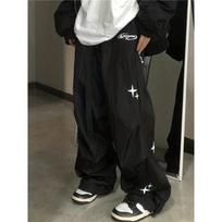 Harajuku parašiutu kelnės, moteriškos, didelės Cyber ​​Y2k hip-hop plačios kelnės, kuprinės, juodos, korėjiečių gatvės apranga L juoda