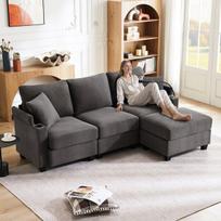 L formos kampinė sofa 3 vietų, su pufu, gėrimų laikikliu ir USB, tamsiai pilka, svetainė/biuras
