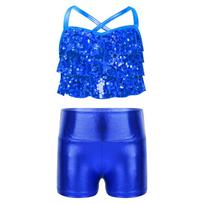 Girls Jazz Dance Crop Top Metallic Sequins Tiered Ruffles Cross Back with Matching High Waist Shorts for Stage Performance Competition 5-6 Years karališkos mėlynos spalvos