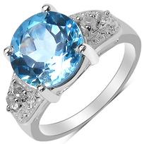 Blue Topaz Halo Ring 14K White Gold Plated Sterling Silver Ring with White Topaz Accents, Statement Gemstone Ring 7 mėlyna