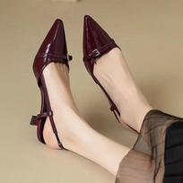 Vasarinė moteriška suknelė Batai Smailia nosimi Sandalai Sagtis Slingbacks Viduriniai kulniukai Pompos Lakinė oda 35 vyno raudonos spalvos