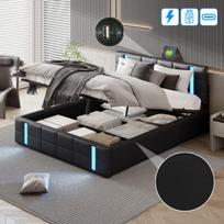 Dvigulė lova, 140 x 200 cm, su LED apšvietimu, USB Type-C įkrovimo funkcija, juoda, PU