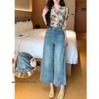Summer Plus-Size Hollow-Out High-Waisted Wide-Leg Jeans - Slimming & Loose Fit for Women M mėlyna