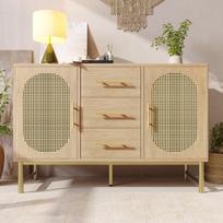 Rattan spintelė 120x40x74 cm, 3 stalčiai, 2 durys, komoda, reguliuojamos lentynos, Sonoma ąžuolas