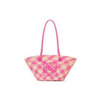 Loewe Anagram Basket Tie Closure Two-Tone Plaid Pattern Palm Leaf And Calfskin Handbag Women handbag Natural Purple-Red A223P65X30-2671 Shopping Bag Set(Basic Set+Shopping Bag)