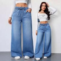 Wide Leg Pants Jeans Women Washed Denims Elastic Waist Lace Up Distressed Vintage Streetwear Female Full Length Loose Trousers S mėlyna