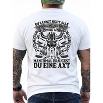 Men's Viking Norse Mythology T-Shirt | Back Print Viking Horned Helmet & German Text - Heavy Metal Inspired Graphic Tee - Soft Breathable S balta
