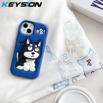 KEYSION Cute Cartoon 3D Adorable Husky Phone Case for iPhone 13 14 15 16 17 Pro Max Soft Silicone Kickstand Shockproof Back Cover for iPhone 17 mėlyna