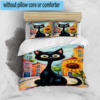 1PC Black Cat In Sunflower Town 3pcs Bedding,Including 1pc Duvet Cover And 2pcs Pillowcases Perfect for Christmas,Ideal for Bedroom, Dormitory 135cm*200cm