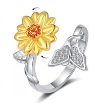 Sunflower Crystal Anxiety Relief Spinning Fidget Ring For Girls Rotate Freely Metal Copper Knuckle Ring Women'S Jewelry Gifts resizable