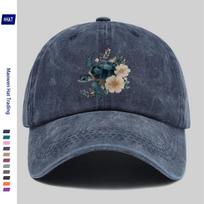 Turtle Floral Baseball Cap Washed Denim Distressed Adjustable Vintage Outdoor Sun Hat One Size