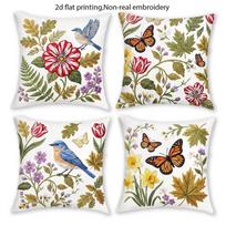 1/4pcs 2D Flat- Vintage Botanical Bluebird & Tulip Decorative Throw Pillow Cover Home farmhouse outdoor decoration cushion cover 40x40cm