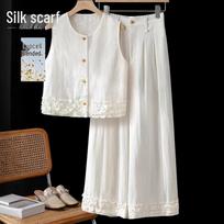 Women's Sleeveless Ruffle Top & Wide-Leg Pants Two-Piece Set XL pilkšvai balta