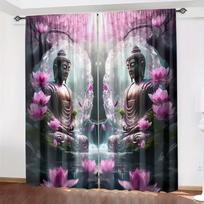 2 Pcs Lotus Buddha print curtains  suitable for bedroom  living room kitchen decoration  home decoration  window decoration 100*130 Rod Pocket 1pcs