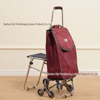 Compact Folding Stair-Climbing Trolley with Seat, Stainless Steel Rod, Outdoor Grocery Cart 25L vyno raudonos spalvos