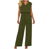 Sleeveless V Neck Wide Leg Jumpsuit for Women with Drawstring Waist Relaxed Fit Romper for Daily Wear L