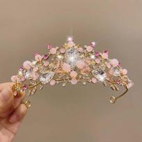 Blizganti Rožinė Gėlių Karūna Elegantiška Princesės Cirkonio Tiara Plaukų Papuošalai Aksesuarai rožinė