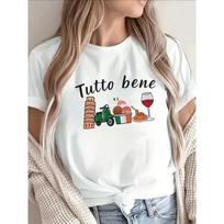 Italian-Themed T-Shirt - Tutto Bene with Leaning Tower of & Scooter Design | Lightweight Polyester Round Neck Short Sleeve Top Suitable S balta