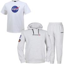 Nasa Unisex Sweatshirt Wappen Hoodie + Jogger Pants + Short Sleeve T-Shirt 3-Piece Set [Melange White + White] 110