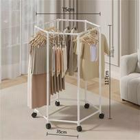 Easy to move 360° multifunctional floor-standing metal clothes hanger home bedroom clothes storage rack hexagonal shelf detachab