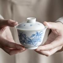 Antique Blue White Porcelain Gaiwan Hand Painted Jasmine Flower Ceramic Chinese Gongfu Tea Set Home Brewing Lidded Tea Bowl <200ml