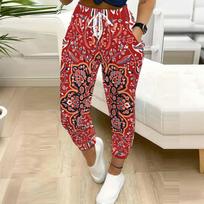 Summer Ladies Fragmented Flowers Printed Sweatpants Loose Fit Drawstring Joggers Elastic Cuff Daily Casual Pants XS raudona
