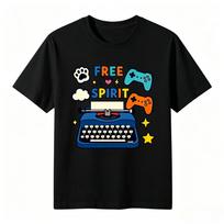 Kawaii Retro Typewriter Gamepad Cat Paw Free Spirit Print Tshirt Unisex Cartoon Loose Oversized Cotton Casual Gamer Street Tees M