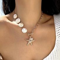 Bohemia Irregular Shell Beaded Necklace for Women Starfish Conch Pearl Pendant Metal Chain Choker Summer Beach Vacation Jewelry
