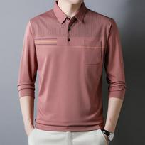 Men Long Sleeve Thin Turn Down Collar Striped Casual Pocket Polo Shirt For Middle Aged Men M rožinė