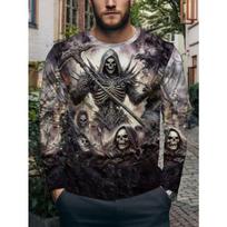 Men'S Trendy Grim Reaper Skull Print Round Neck Long Sleeve Sweatshirt, Unique Dark Style Print Casual Top, Fashionable Street Style Loose Fit S