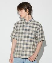 Burkeru Seersucker Bleach Washed Check Short Sleeve Shirt Blue Blue/Blue_S