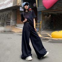 Women's Blue Loose Wide Leg Jeans Street Girl High Waist Baggy Pants Casual Straight Denim XS tamsiai mėlyna spalva