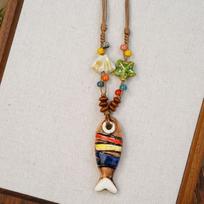 Ethnic Style Ceramic Long Sweater Chain Pendant Necklace Traditional Handmade Accessory for Women and Girls Suitable for Various Outfits One Size