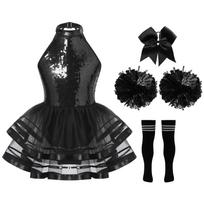 Sparkly Sequin Backless Tulle Tutu Dress Halter Sleeveless with Cheer Flower Balls Headwear and Socks for Girls Cheer Dance Performance 5-6 Years juoda
