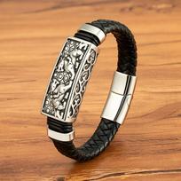 Ancient Pattern Battle Buddha Bracelets Classic Stainless Steel Magnetic Buckle Rope Weaving Jewelry Birthday Gifts for Men 19cm