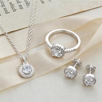 S Copper Cz Jewelry Set, Round Halo Cubic Zirconia Ring Necklace Earrings Set For Women Wedding