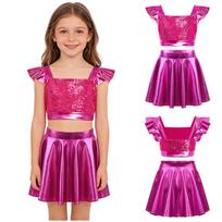 Kids Girls Jazz Dance Performance Outfit Square Collar Ruffled Sleeves Sparkling Sequin Metallic Crop Top with A-line Shiny Flared Skirt 5-6 Years karšta rožinė spalva