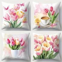 Pastel Pink Tulip & Butterfly Pillowcase: Watercolor Coffee Cup Pattern Decorative Cushion Cover for Cozy Spring Home Decor 45x45cm