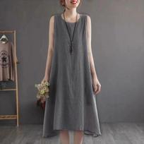 Loose Fit Cotton Linen Vest Dress Midi Length Sleeveless Belly Covering Vintage Style Comfortable Casual Summer Dress XS tamsiai pilka spalva