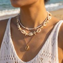 Daugiasluoksnis vandenyno jūrų žvaigždžių kriauklių pakabukas karoliai moterims Elegantiškas dirbtinio perlo karoliukų Choker karoliai Paplūdimio vakarėlio papuošalai