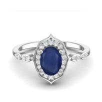 7X5mm Oval Blue Sapphire 925 Sterling Silver Halo Designer Engagement Women Ring