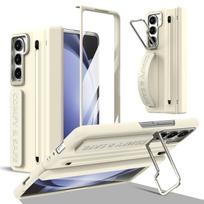 Folding Case with Stylus for Samsung Z Fold 4 5 6 7 Aluminum Alloy Lens Frame Holder Silicone Built-in Strap Glass Screen Film Galaxy Z Fold7 smėlis