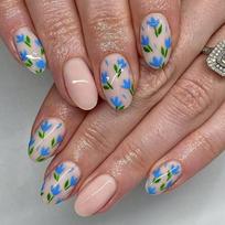 Press on Nail Short Almond Fake Nail French Full Cover Acrylic False Nail Flower Design Fake Nail for Women and Girls 1