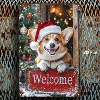 Metal Poster Christmas Corgi Santa Hat Welcome Sign Holiday Wall Decor