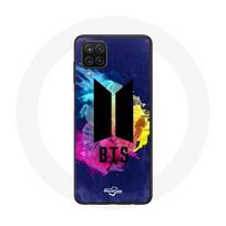 Dėklas Samsung Galaxy A12 Bangtan Sonyeondan BTS Logotipas Juodas Abstrakus Mėlynas Geltonas Ir Rožinis Fonas