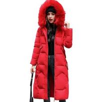 Winter Women Furry Hood Long Sleeve Knee Length Cotton Coat With Pockets Zipper And Button Closure Slim Waist Jacket L raudona