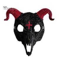 Unique Skull Costume Mask Halloween Rhinestone Full Face Mask, Black White Ram Horn Sparkling Masquerade Sparkly Crystal Glitter Party for Adults juoda
