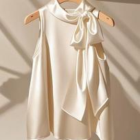 WTEMPO Moteriškas satininis berankovis topas su šonine peteliške, aukštu kaklu, laisvas, elegantiškas, biuro darbuotojo liemenė-blizgutė S